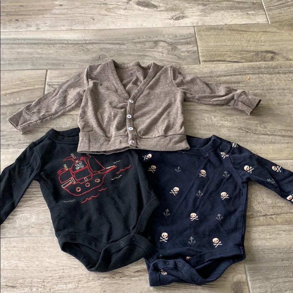 EUC 3 of bundle. 2 onsies and 1 cardigan, 3-6 mos